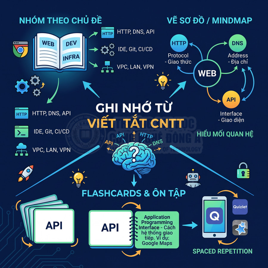 Sơ đồ minh họa cách ghi nhớ từ viết tắt CNTT bằng nhóm chủ đề, mindmap và flashcards API, HTTP, DNS, VPN
