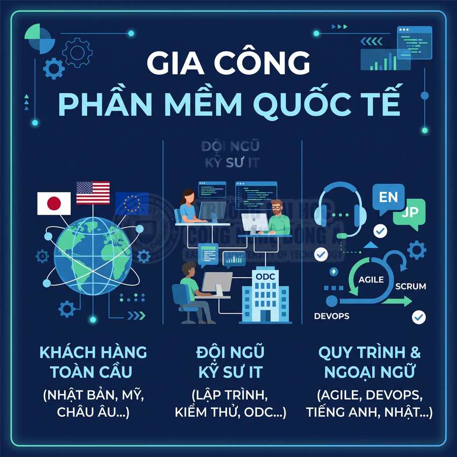 Dịch vụ gia công phần mềm quốc tế với khách hàng toàn cầu, đội ngũ kỹ sư IT và quy trình Agile DevOps đa ngôn ngữ