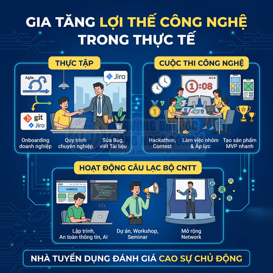 Infographic lợi thế công nghệ thực tế cho sinh viên IT với thực tập, cuộc thi công nghệ và hoạt động câu lạc bộ CNTT
