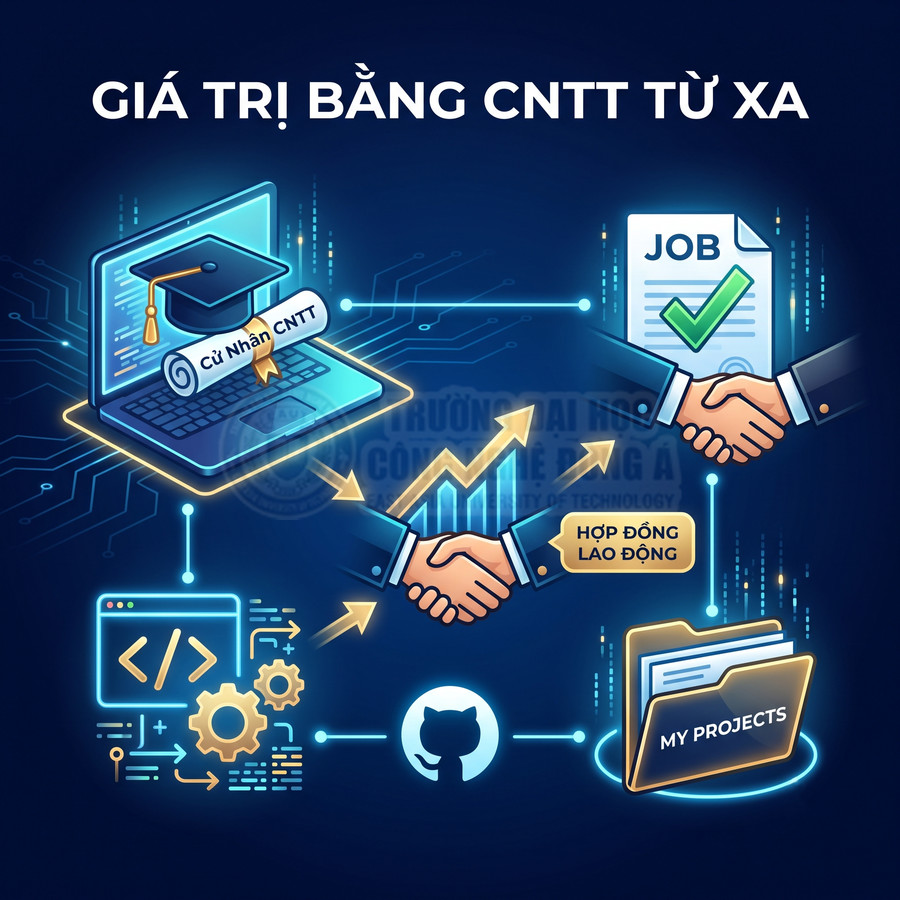 Học trực tuyến ngành CNTT với laptop, đồ án lập trình giúp ký hợp đồng lao động và tìm việc làm