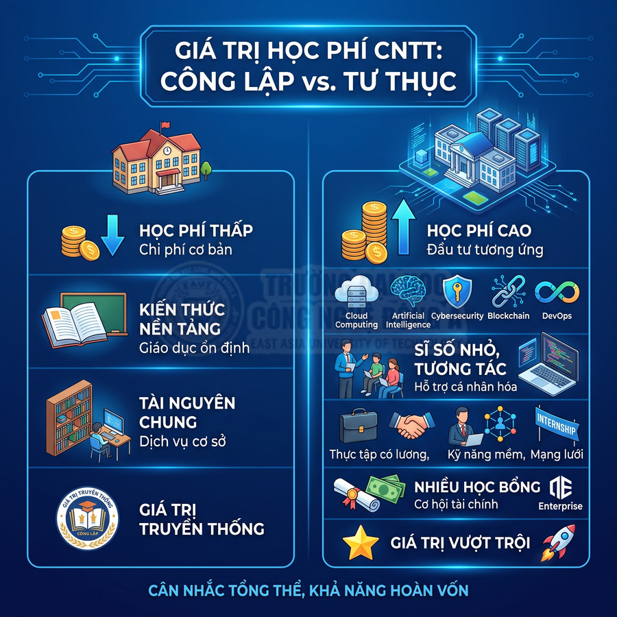 So sánh học phí ngành CNTT trường công lập và tư thục, nêu ưu điểm chi phí, chất lượng, học bổng, giá trị hoàn vốn