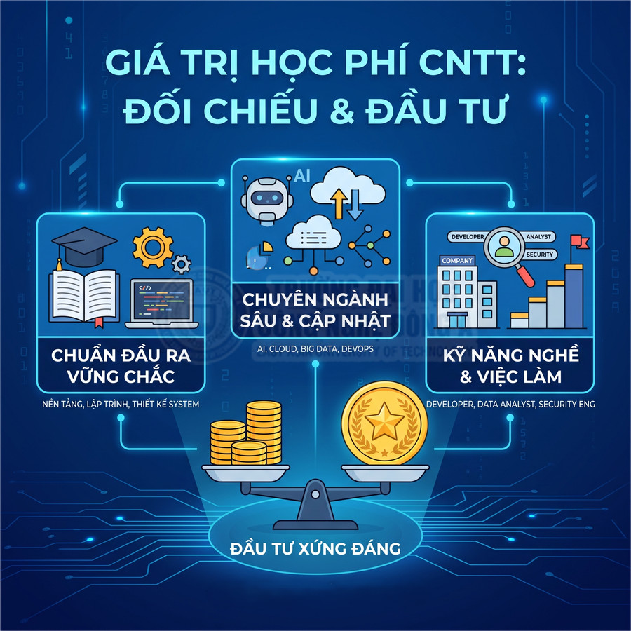 Infographic giá trị học phí ngành CNTT với chuẩn đầu ra, chuyên ngành cập nhật và kỹ năng nghề việc làm