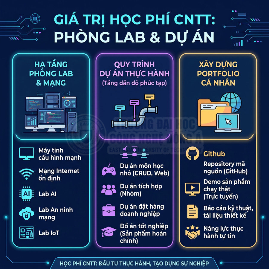 Infographic giá trị học phí CNTT với phòng lab, dự án thực hành và xây dựng portfolio cá nhân