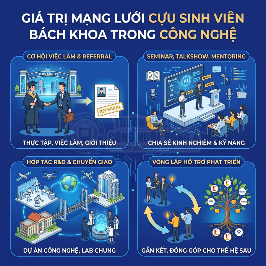 Infographic giá trị mạng lưới cựu sinh viên Bách Khoa trong công nghệ với cơ hội việc làm, seminar và hợp tác R&D