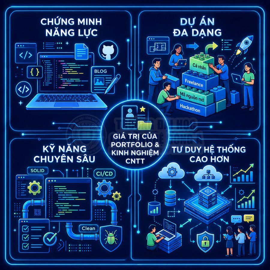 Infographic giá trị portfolio và kinh nghiệm CNTT với lập trình, dự án đa dạng, kỹ năng chuyên sâu và tư duy hệ thống