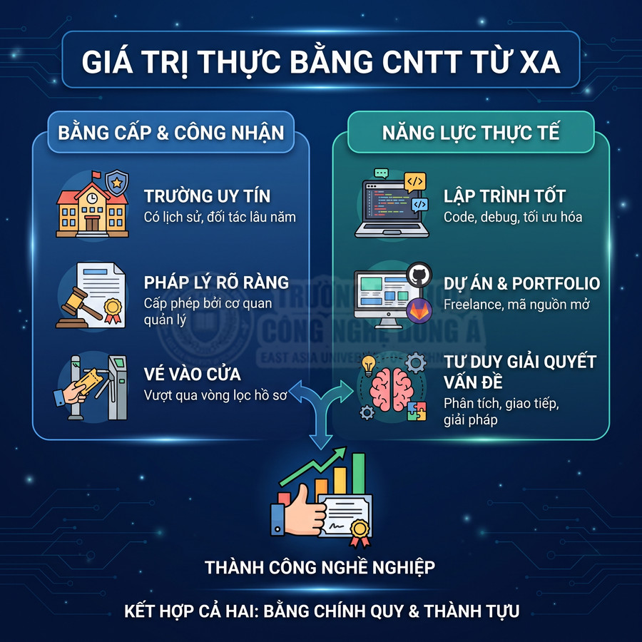 Infographic giá trị thực bằng CNTT từ xa, so sánh bằng cấp công nhận và năng lực thực tế để thành công nghề nghiệp