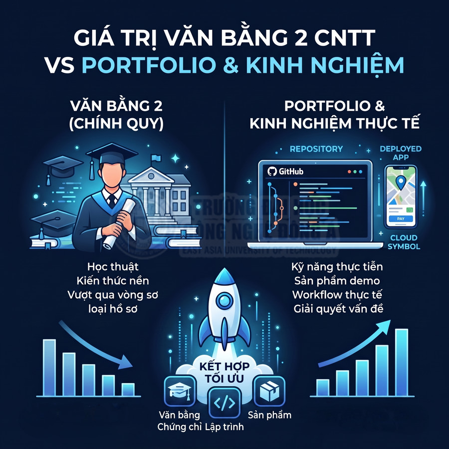 Infographic so sánh giá trị văn bằng 2 CNTT với portfolio lập trình và kinh nghiệm thực tế, nhấn mạnh kết hợp tối ưu
