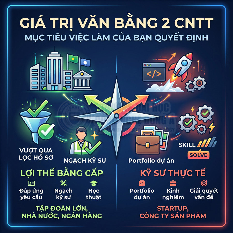 Thiết kế giới thiệu giá trị văn bằng 2 CNTT, so sánh lợi thế bằng cấp và kỹ sư thực tế trong cơ hội việc làm