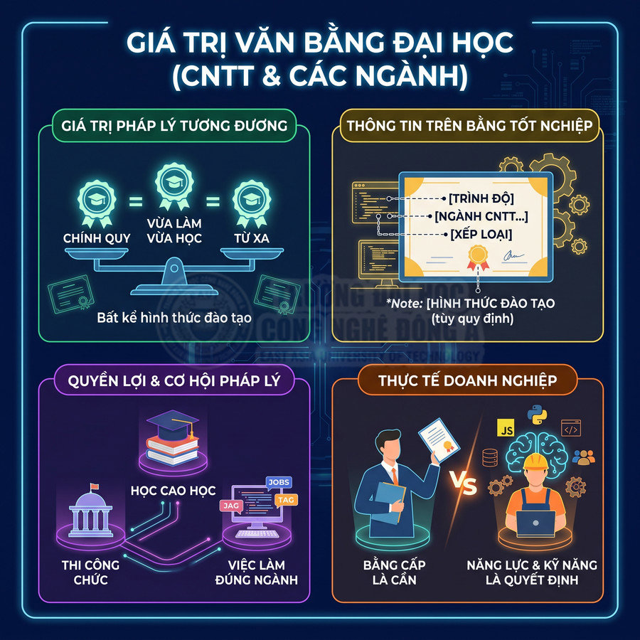 Infographic giá trị bằng đại học CNTT với cơ hội việc làm, học cao học và yêu cầu kỹ năng doanh nghiệp