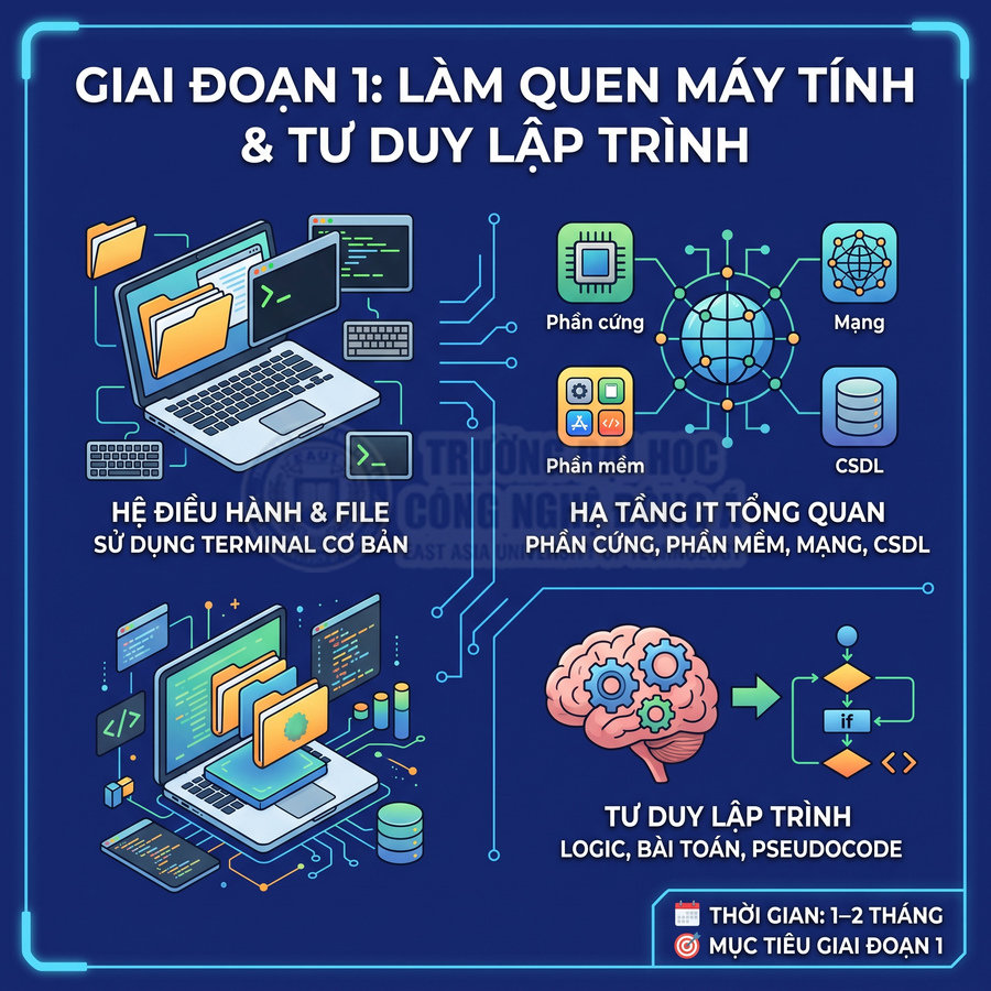 Infographic giai đoạn 1 học lập trình: làm quen máy tính, hệ điều hành, hạ tầng IT và tư duy lập trình