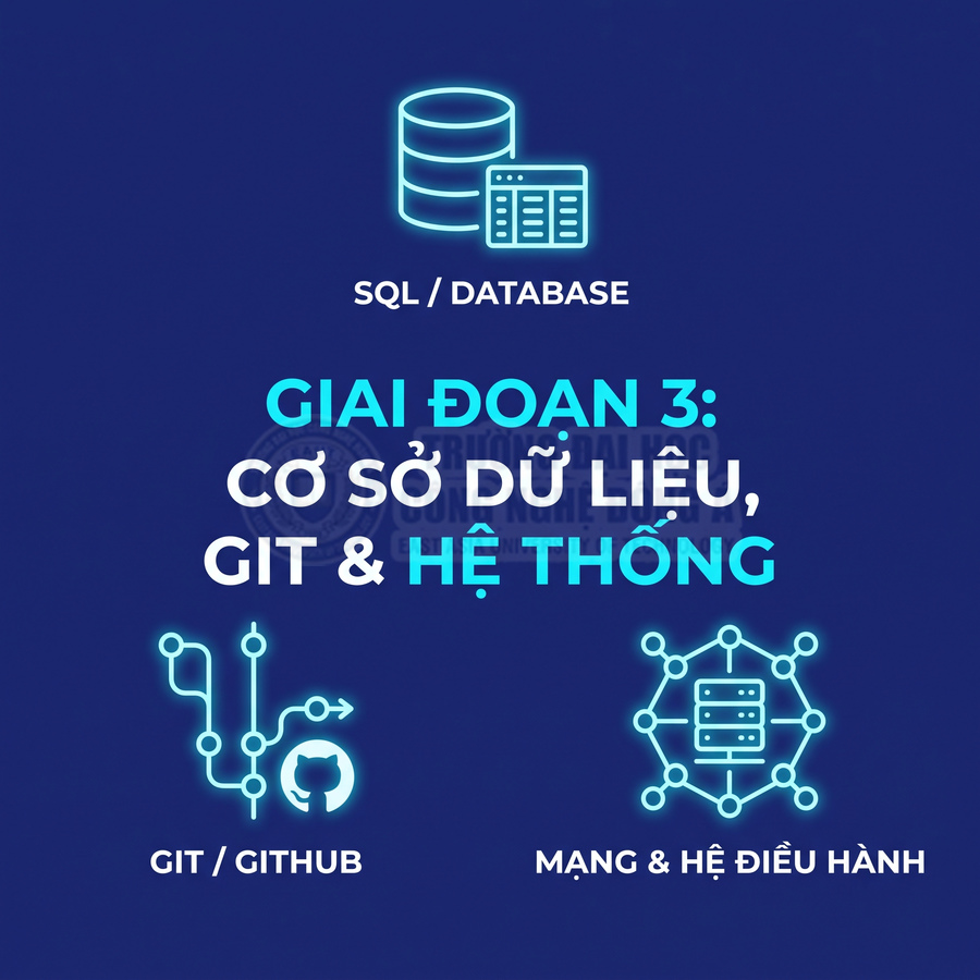 Giai đoạn 3 khóa học lập trình về SQL database Git GitHub mạng và hệ điều hành trên nền xanh