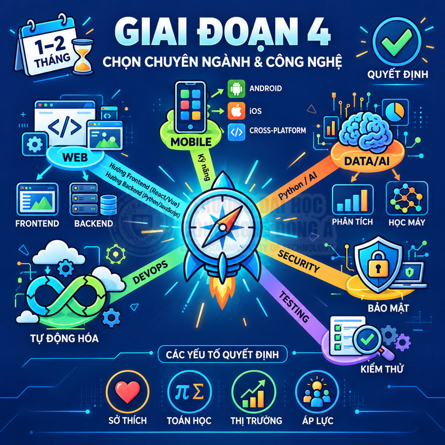 Lộ trình chọn chuyên ngành công nghệ thông tin giai đoạn 4 với các hướng web, mobile, data AI, devops, bảo mật, kiểm thử
