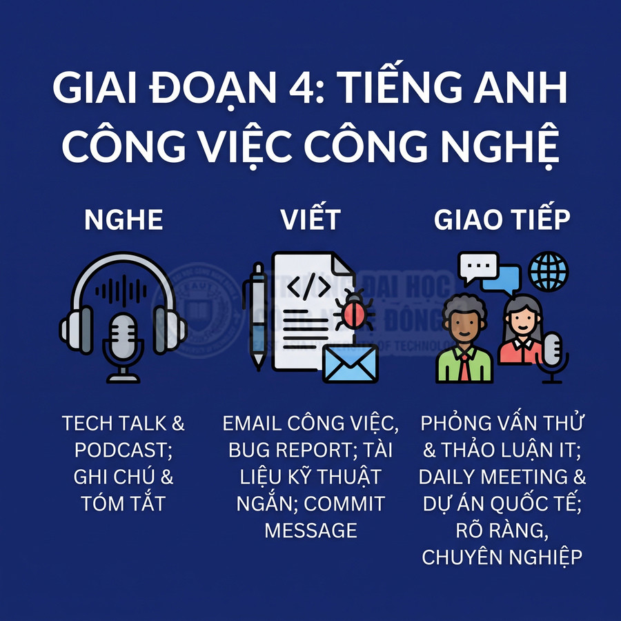 Giai đoạn 4 tiếng Anh công việc công nghệ với kỹ năng nghe, viết, giao tiếp cho dân IT