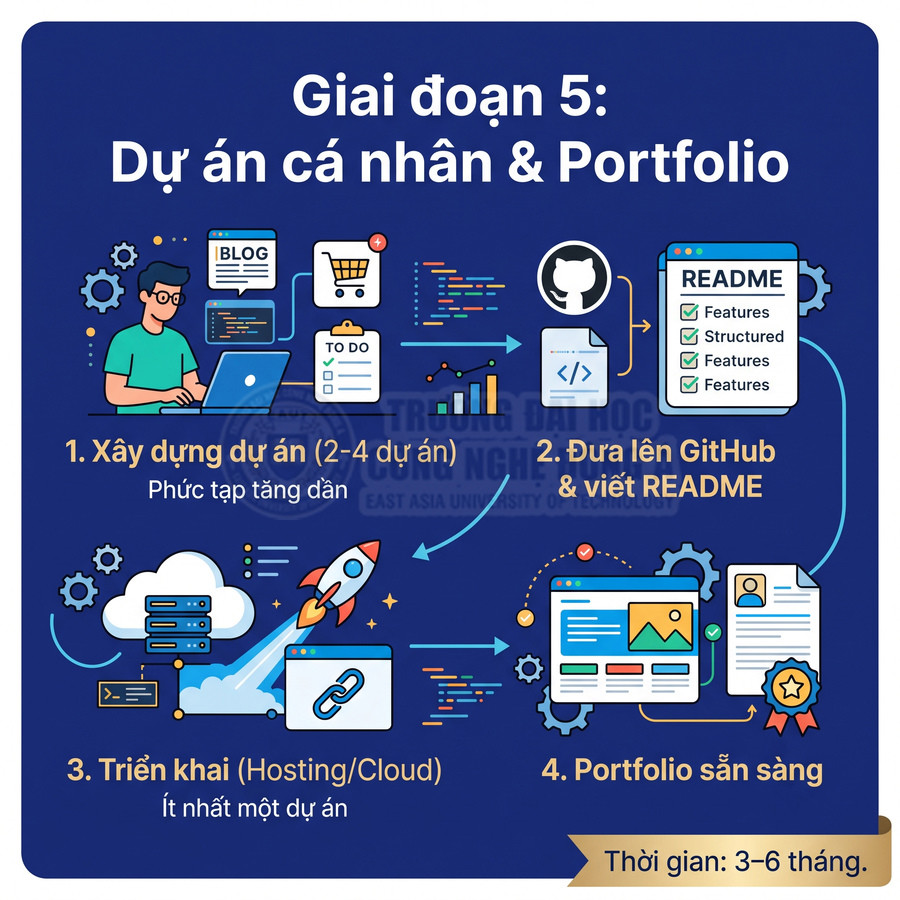 Lộ trình giai đoạn 5 học lập trình: làm dự án cá nhân, đưa lên GitHub, triển khai hosting và hoàn thiện portfolio