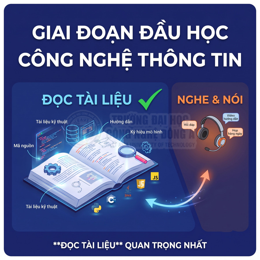 Minh họa sách tài liệu lập trình và tai nghe, nhấn mạnh đọc tài liệu quan trọng khi học công nghệ thông tin