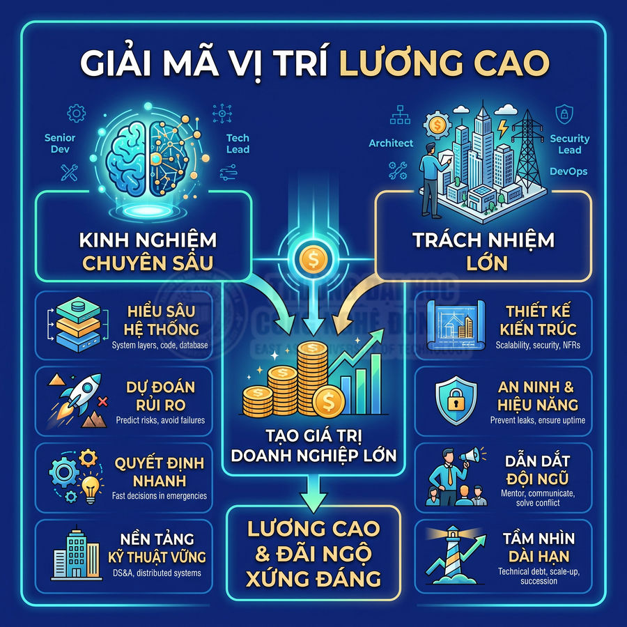 Infographic giải thích lý do các vị trí IT lương cao với kinh nghiệm chuyên sâu, trách nhiệm lớn và tạo giá trị doanh nghiệp