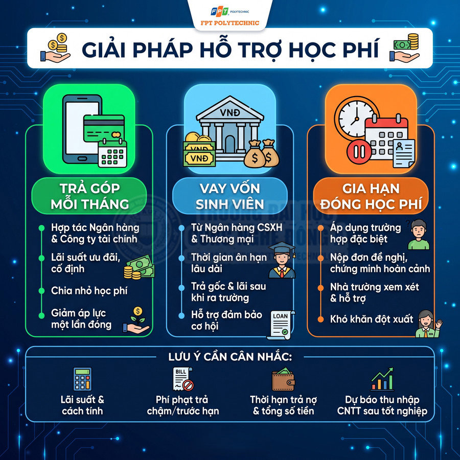 Infographic giải pháp hỗ trợ học phí FPT Polytechnic với trả góp hàng tháng, vay vốn sinh viên và gia hạn đóng học phí