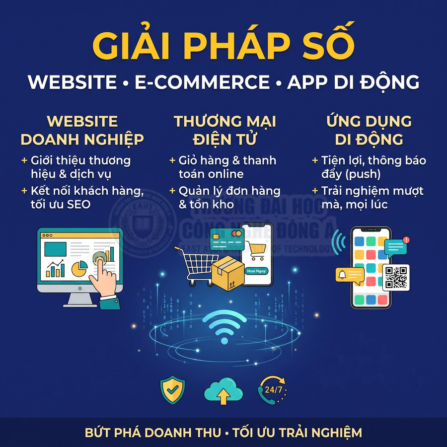Giải pháp số gồm website doanh nghiệp, thương mại điện tử và ứng dụng di động tiện lợi, tối ưu trải nghiệm khách hàng