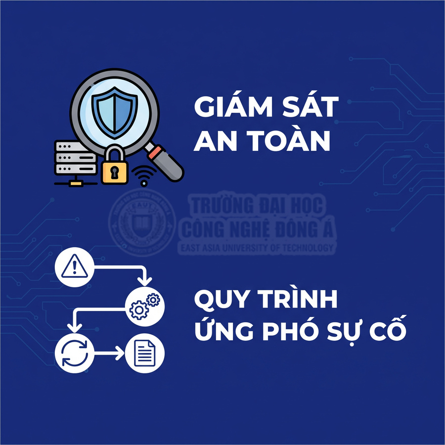 Biểu tượng giám sát an toàn và quy trình ứng phó sự cố trên nền xanh của Trường Đại học Công nghệ Đông Á