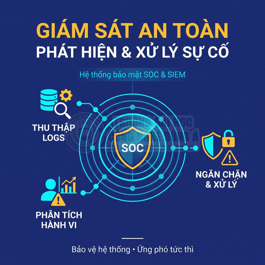 Hệ thống bảo mật SOC và SIEM giám sát an toàn, thu thập log, phân tích hành vi và xử lý sự cố