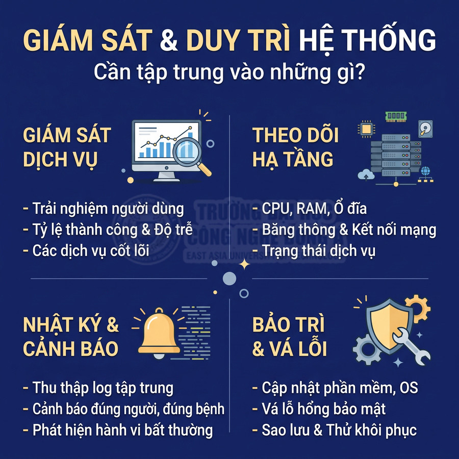 Các hạng mục giám sát và duy trì hệ thống gồm dịch vụ, hạ tầng, nhật ký cảnh báo, bảo trì và vá lỗi