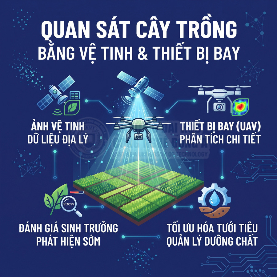 Minh họa giám sát cây trồng bằng vệ tinh và thiết bị bay UAV để đánh giá sinh trưởng, tưới tiêu và dinh dưỡng cây trồng