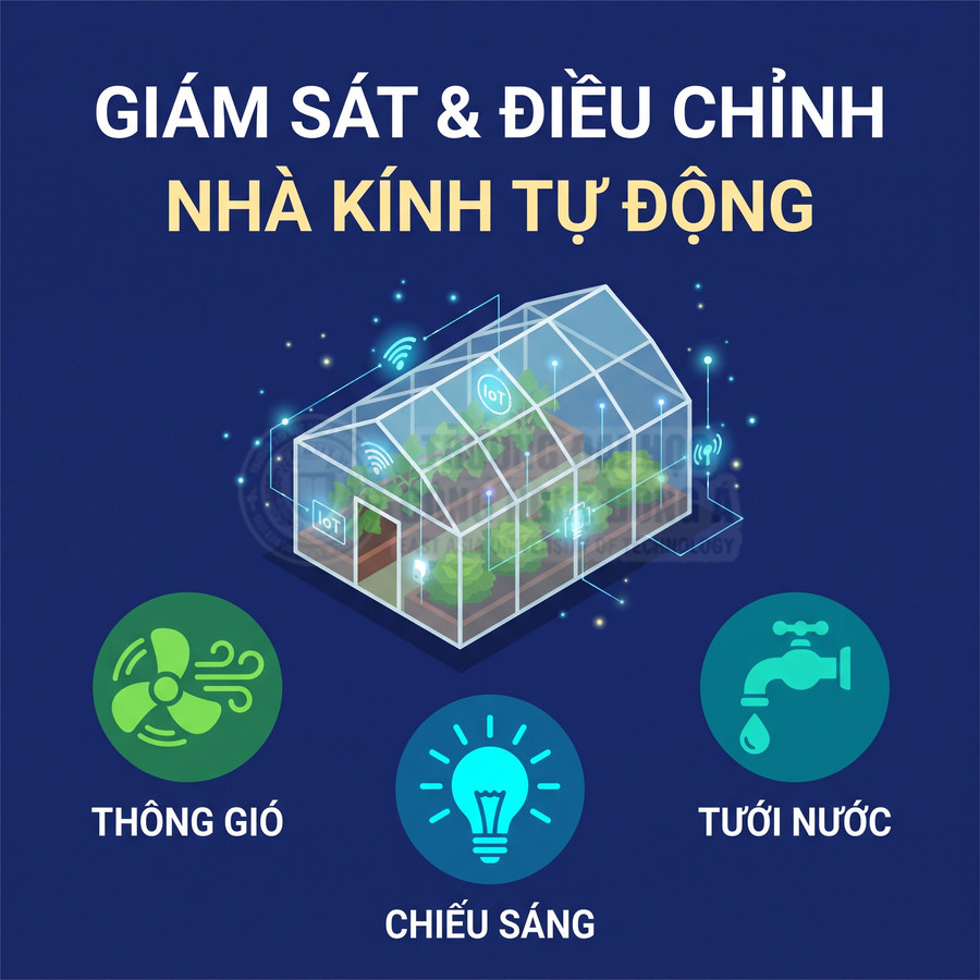 Hệ thống giám sát và điều chỉnh nhà kính tự động với thông gió, chiếu sáng và tưới nước IoT
