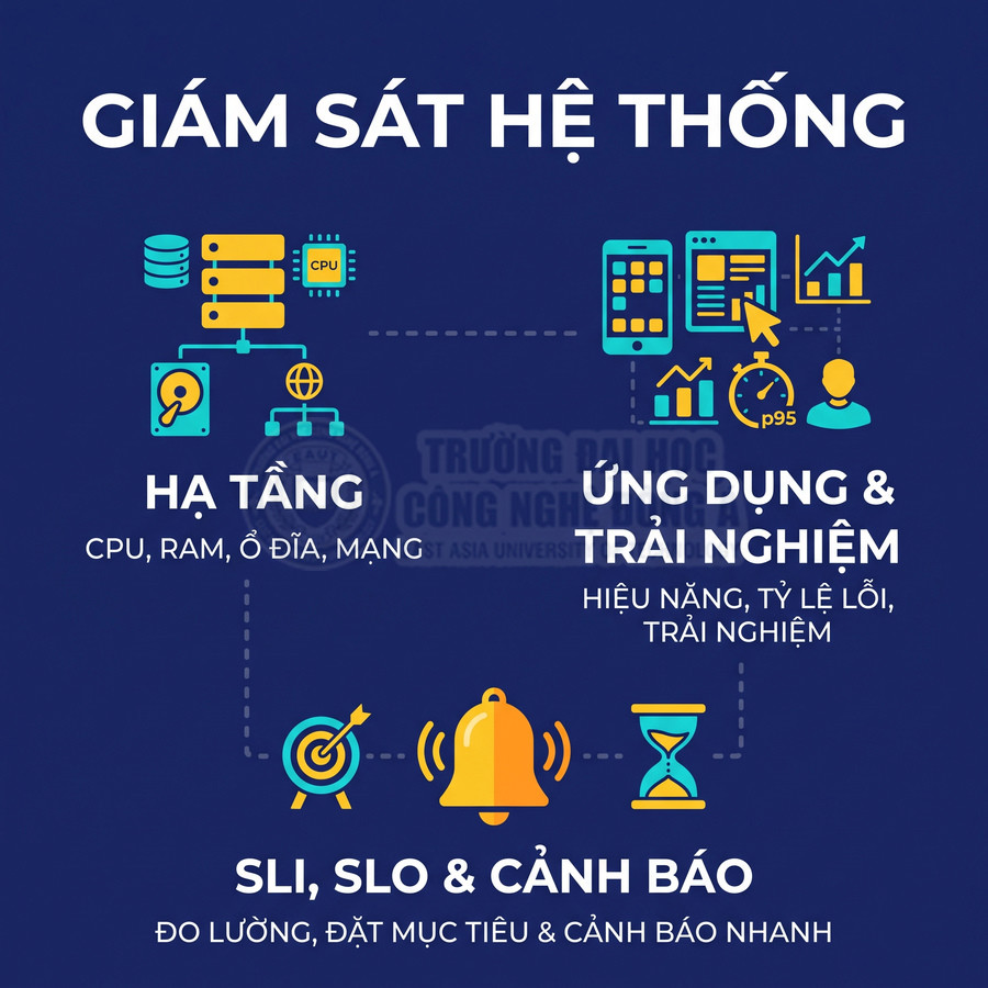 Các thành phần giám sát hệ thống gồm hạ tầng, hiệu năng ứng dụng, trải nghiệm người dùng, SLI, SLO và cảnh báo trễ lỗi