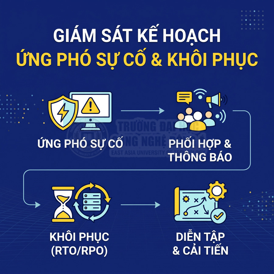 Các bước giám sát kế hoạch ứng phó sự cố và khôi phục gồm phối hợp thông báo, phục hồi RTO RPO và diễn tập cải tiến