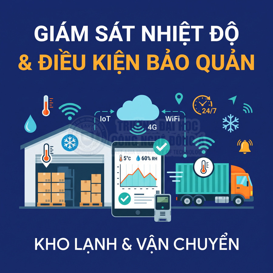Minh họa hệ thống giám sát nhiệt độ và độ ẩm kho lạnh, kết nối IoT theo dõi hàng hóa trong quá trình vận chuyển bằng xe tải.