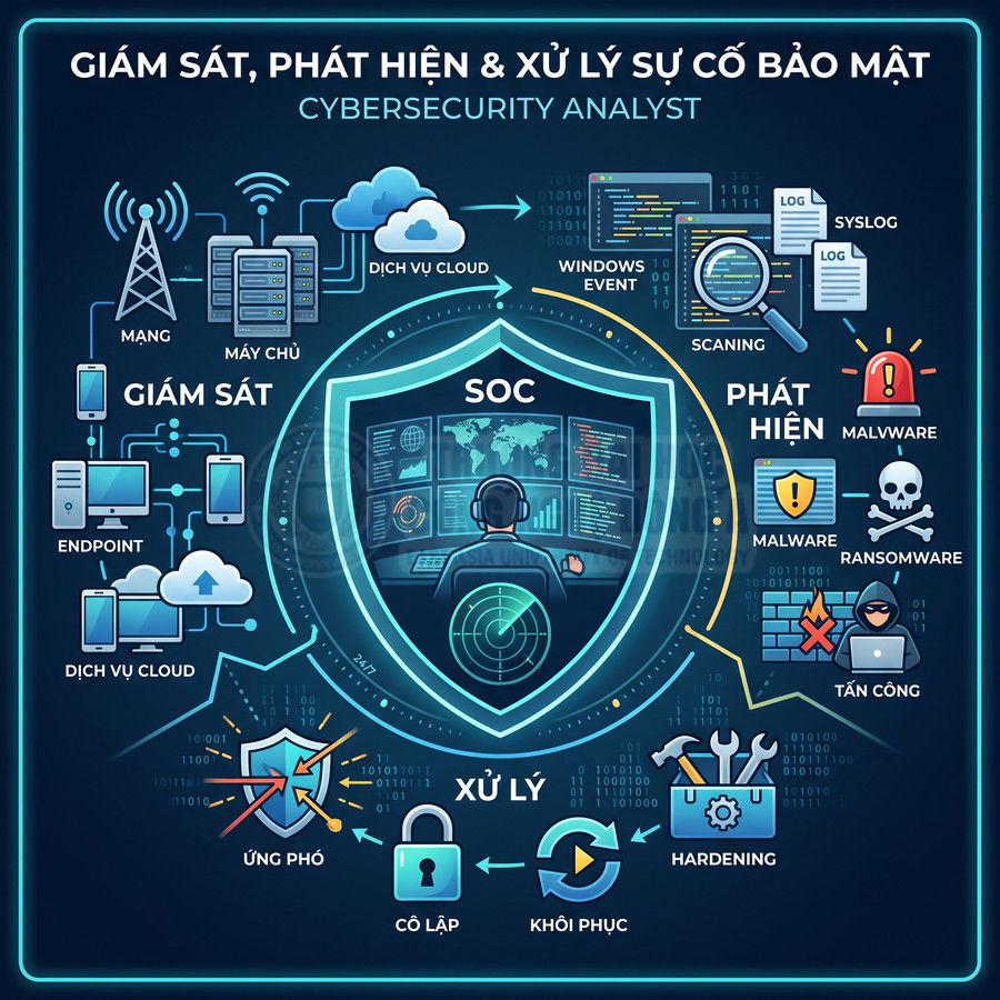 Mô hình SOC giám sát, phát hiện và xử lý sự cố bảo mật mạng, malware, ransomware và tấn công mạng