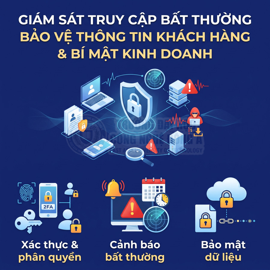 Hình minh họa giải pháp giám sát truy cập bất thường, xác thực phân quyền và bảo mật dữ liệu khách hàng, bí mật kinh doanh