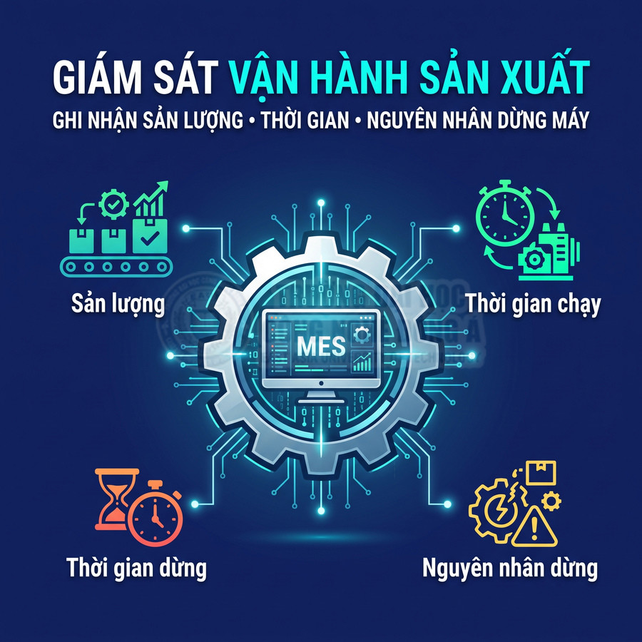 Hệ thống MES giám sát vận hành sản xuất, ghi nhận sản lượng, thời gian chạy, thời gian dừng và nguyên nhân dừng máy