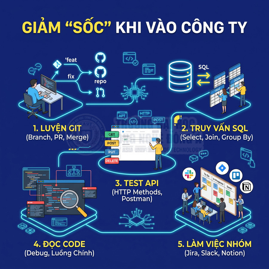Infographic kỹ năng lập trình viên mới đi làm: luyện Git, truy vấn SQL, test API, đọc code và làm việc nhóm
