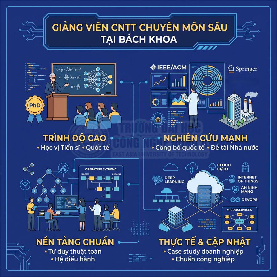 Poster giới thiệu giảng viên CNTT chuyên môn sâu tại Bách Khoa với ưu điểm trình độ cao, nghiên cứu mạnh, nền tảng chuẩn