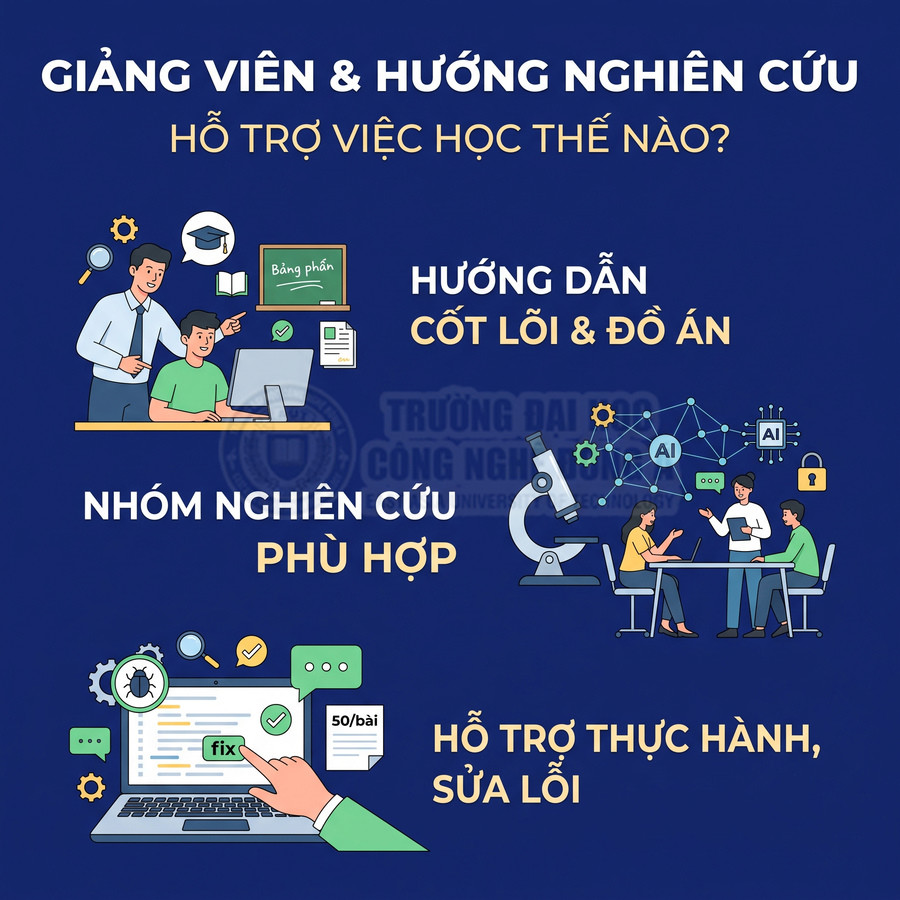 Minh họa giảng viên hướng dẫn đồ án, kết nối nhóm nghiên cứu và hỗ trợ sinh viên thực hành, sửa lỗi lập trình