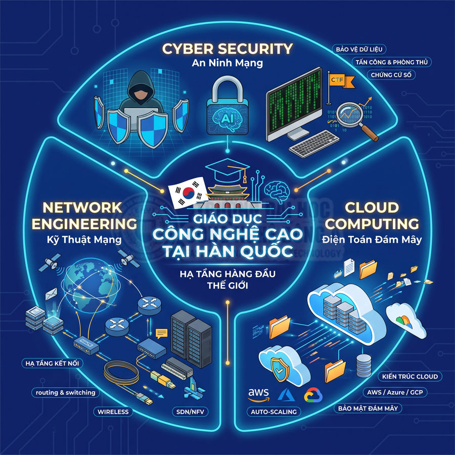 Infographic giáo dục công nghệ cao tại Hàn Quốc về an ninh mạng, kỹ thuật mạng và điện toán đám mây