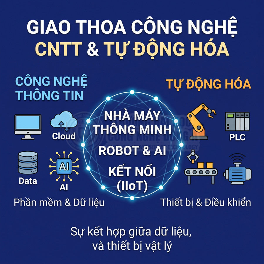 Giao thoa công nghệ thông tin và tự động hóa trong nhà máy thông minh với robot, AI, PLC và IIoT