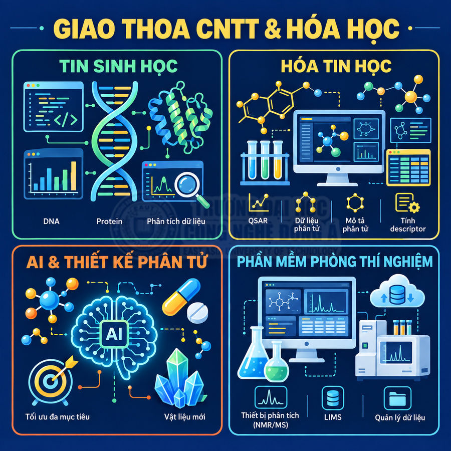 Infographic giao thoa công nghệ thông tin và hóa học với tin sinh học, hóa tin học, AI thiết kế phân tử và phần mềm phòng thí nghiệm