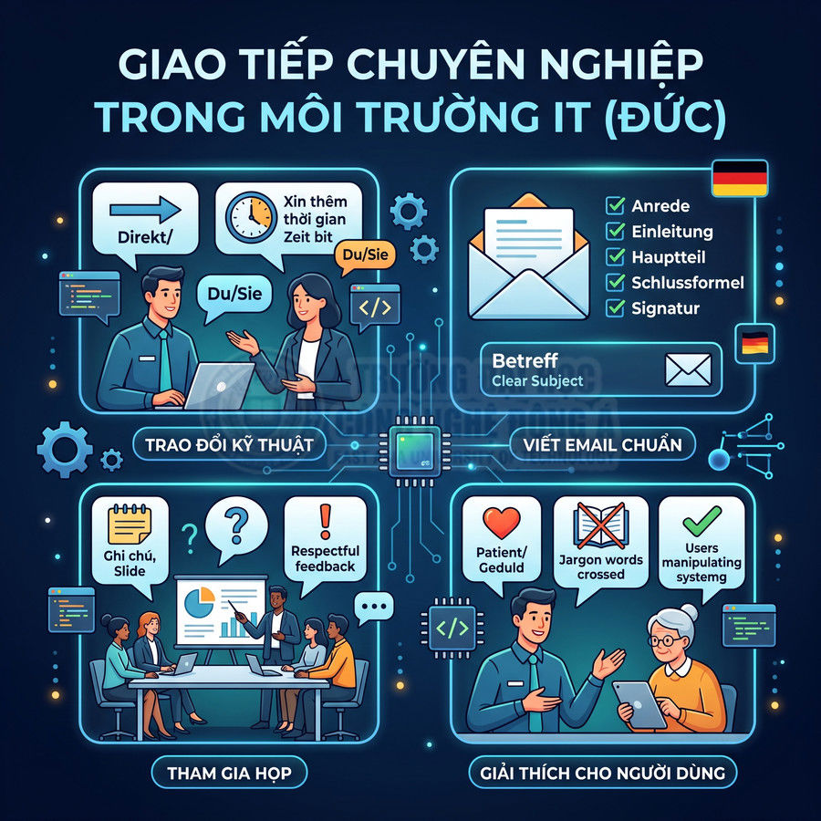 Minh họa kỹ năng giao tiếp chuyên nghiệp trong môi trường IT Đức với trao đổi kỹ thuật, viết email, họp và giải thích cho người dùng