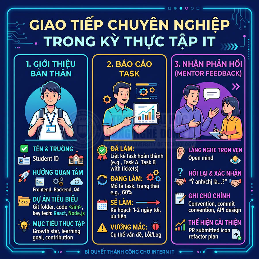 Infographic giao tiếp chuyên nghiệp trong kỳ thực tập IT với ba bước giới thiệu bản thân báo cáo task nhận phản hồi