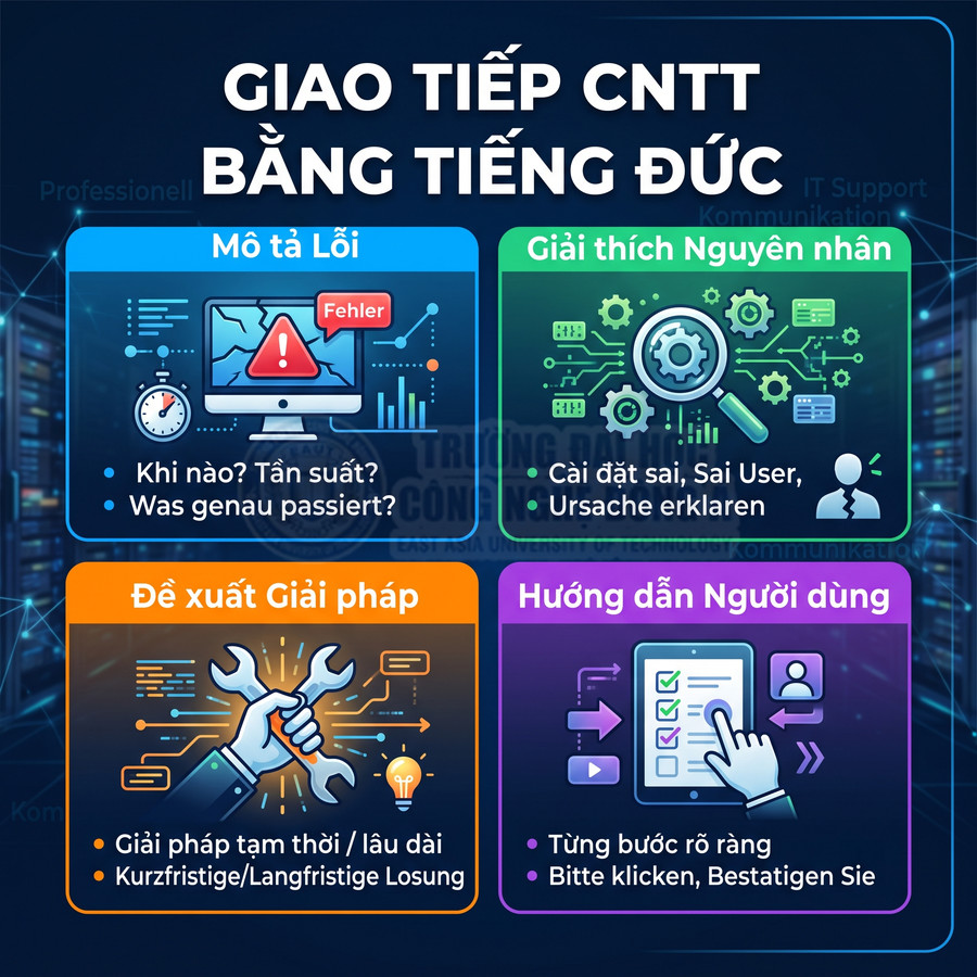 Giao tiếp CNTT bằng tiếng Đức với các bước mô tả lỗi, giải thích nguyên nhân, đề xuất giải pháp và hướng dẫn người dùng