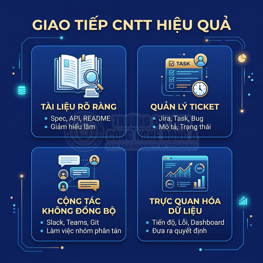 Infographic giao tiếp CNTT hiệu quả với tài liệu rõ ràng, quản lý ticket, cộng tác không đồng bộ và trực quan hóa dữ liệu