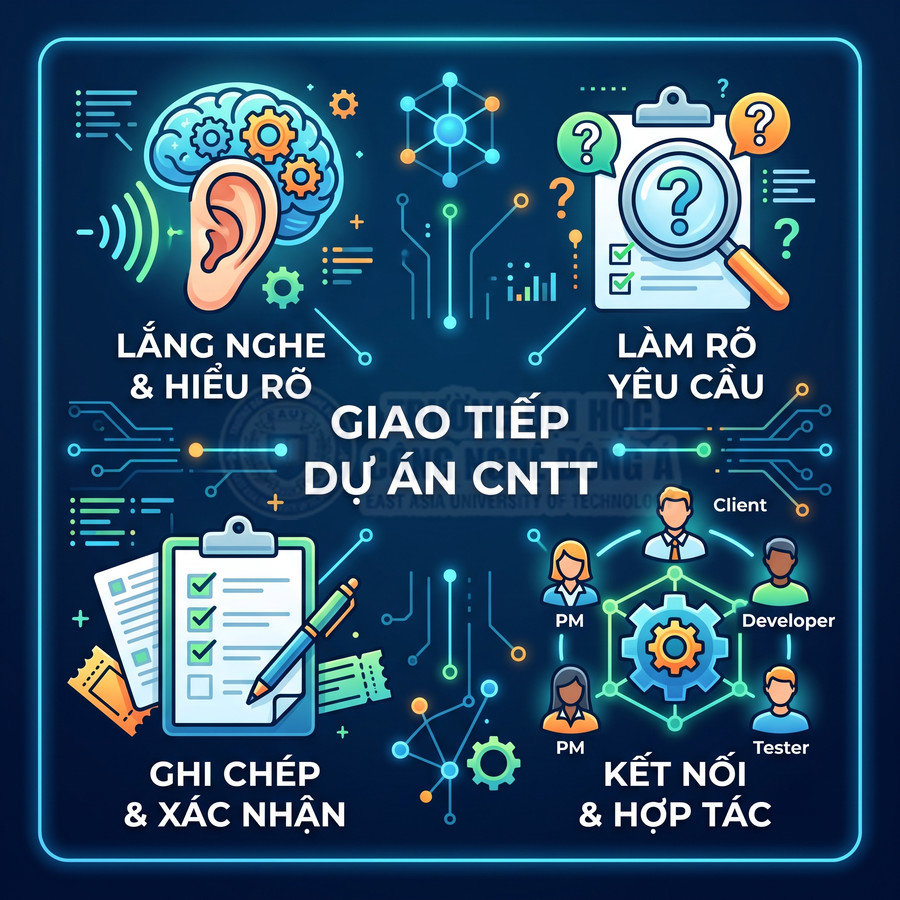 Minh họa quy trình giao tiếp dự án CNTT với lắng nghe, làm rõ yêu cầu, ghi chép và kết nối hợp tác đội ngũ