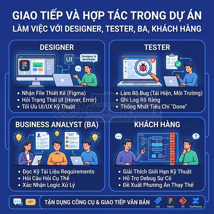 Infographic quy trình giao tiếp và hợp tác trong dự án giữa developer với designer tester BA và khách hàng