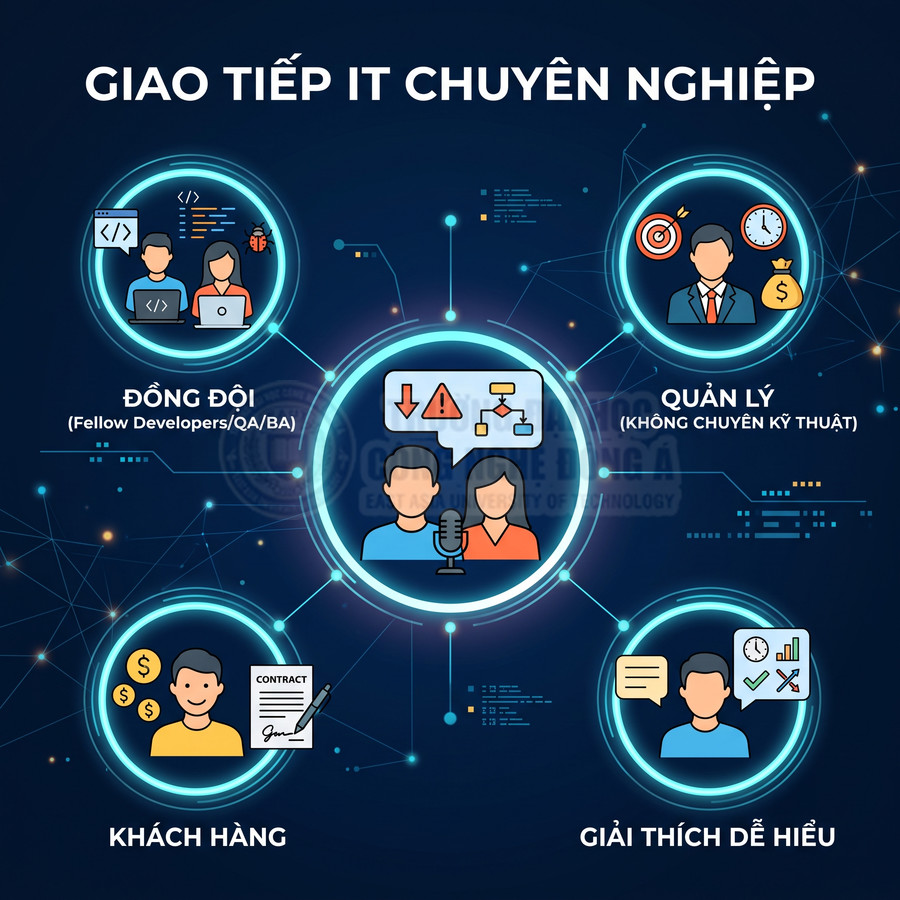 Minh họa kỹ năng giao tiếp IT chuyên nghiệp với đồng đội, quản lý, khách hàng và giải thích dễ hiểu