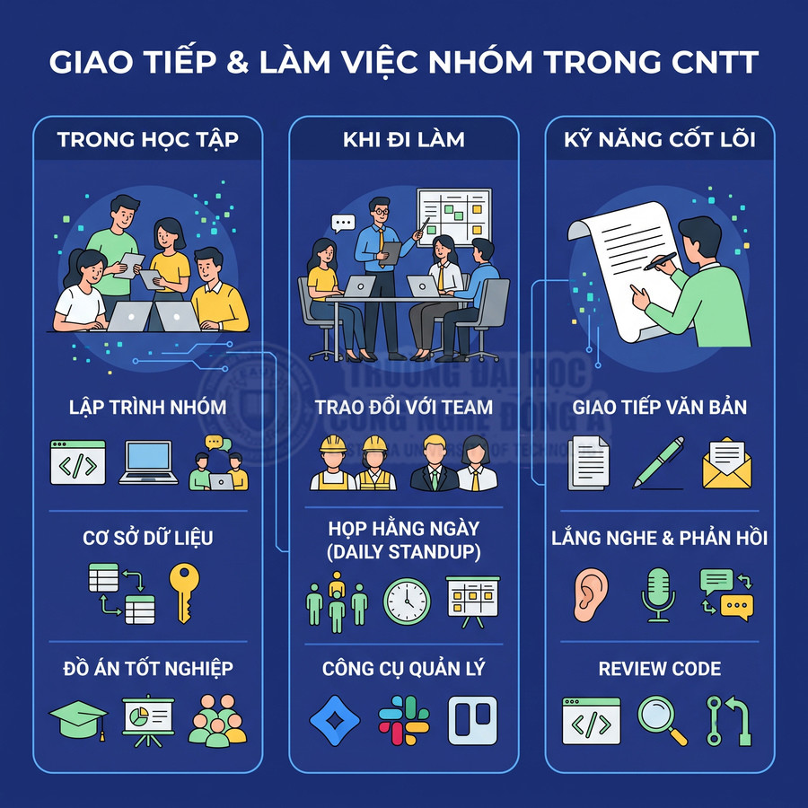 Giao tiếp và làm việc nhóm trong ngành CNTT với kỹ năng học tập, đi làm và kỹ năng cốt lõi minh họa trực quan