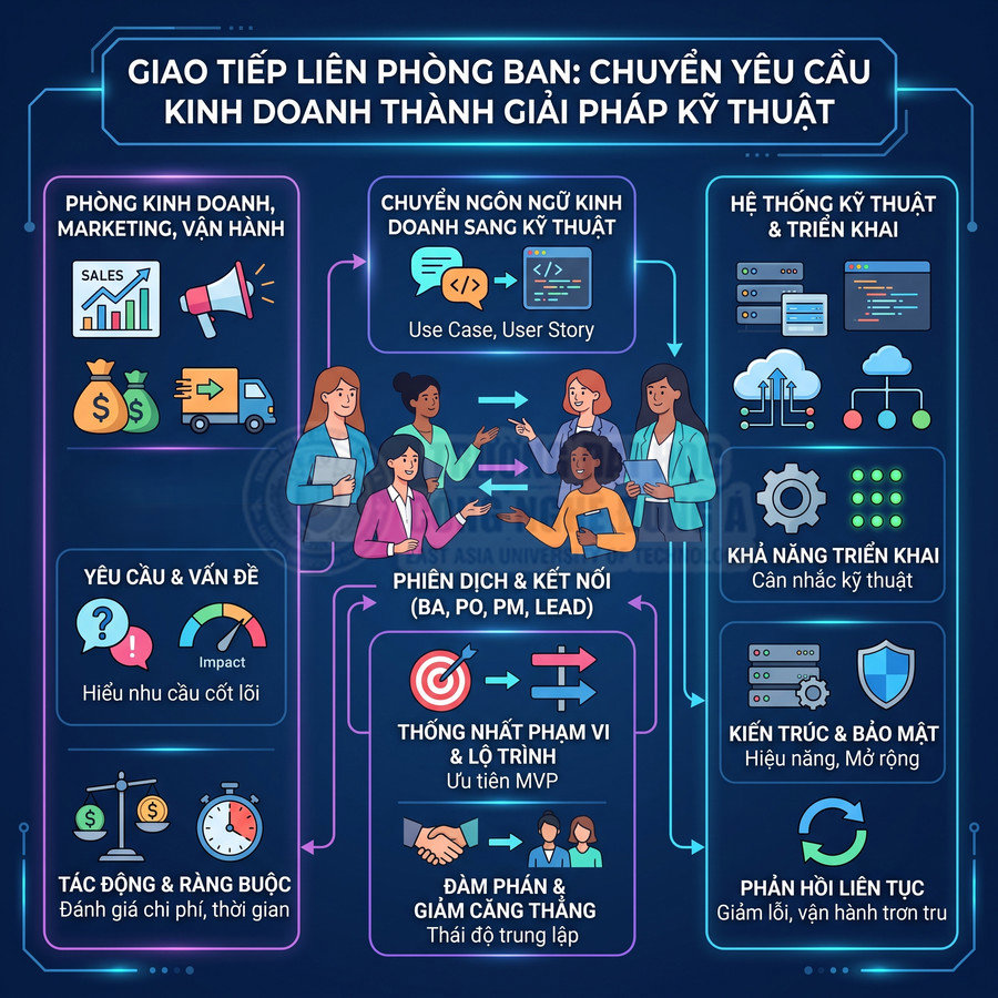 Infographic quy trình giao tiếp liên phòng ban chuyển yêu cầu kinh doanh thành giải pháp kỹ thuật
