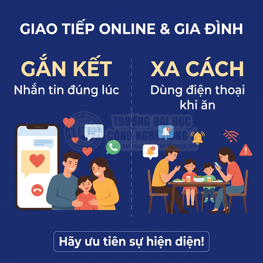 Điện thoại kết nối gia đình qua tin nhắn, đối lập với cảnh mọi người dùng điện thoại khi ăn cùng nhau