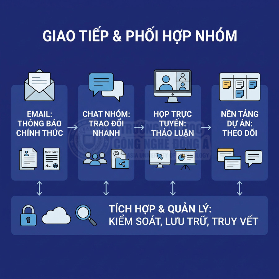 Các công cụ giao tiếp và phối hợp nhóm gồm email, chat, họp trực tuyến, nền tảng dự án và quản lý dữ liệu.
